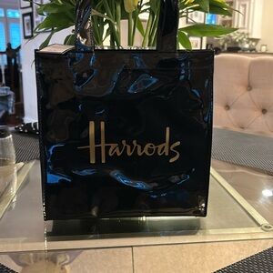 Harrods Black Patent Tote with Gold Logo Script